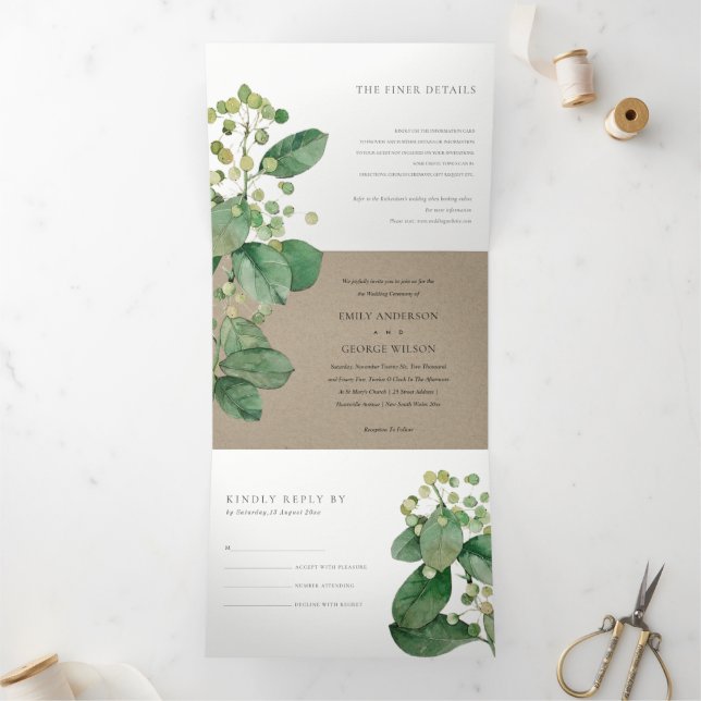 TRENDY KRAFT BERRY LEAFY FOLIAGE GREENERY WEDDING Tri-Fold INVITATION (Inside)