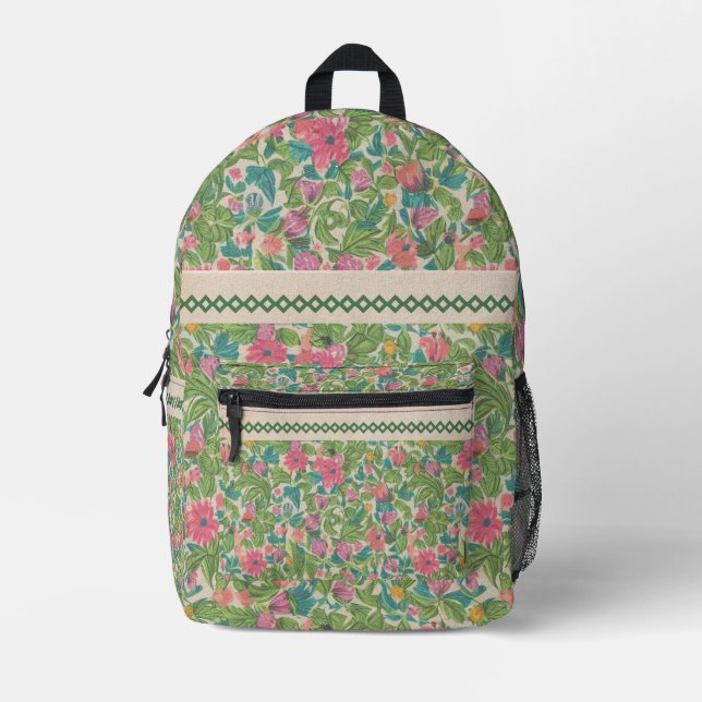 Trendy kraft paper background lace floral greenery printed backpack (Front)
