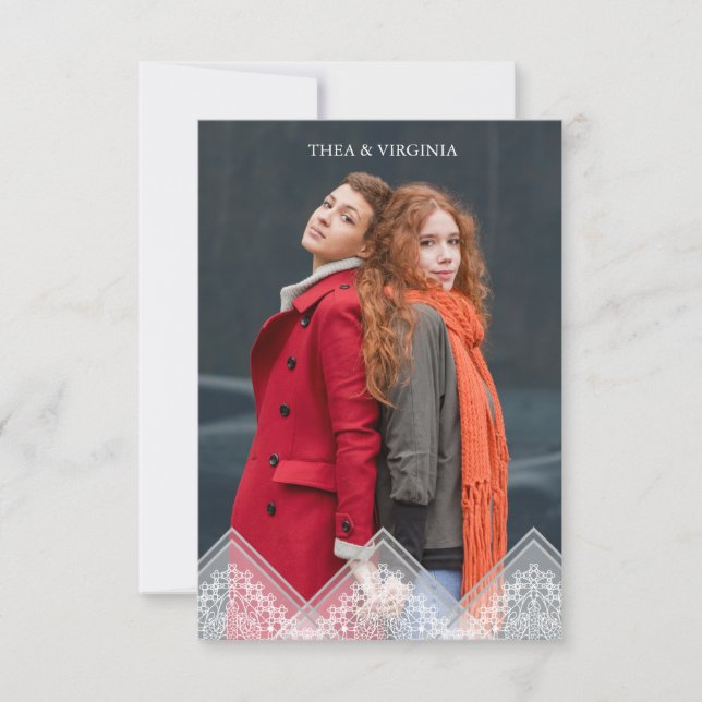 Trendy Lace Lesbian Gay Wedding Photo Instant Invitation (Front)