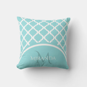 Trendy Large Aqua Quatrefoil Monongram and Name Cushion