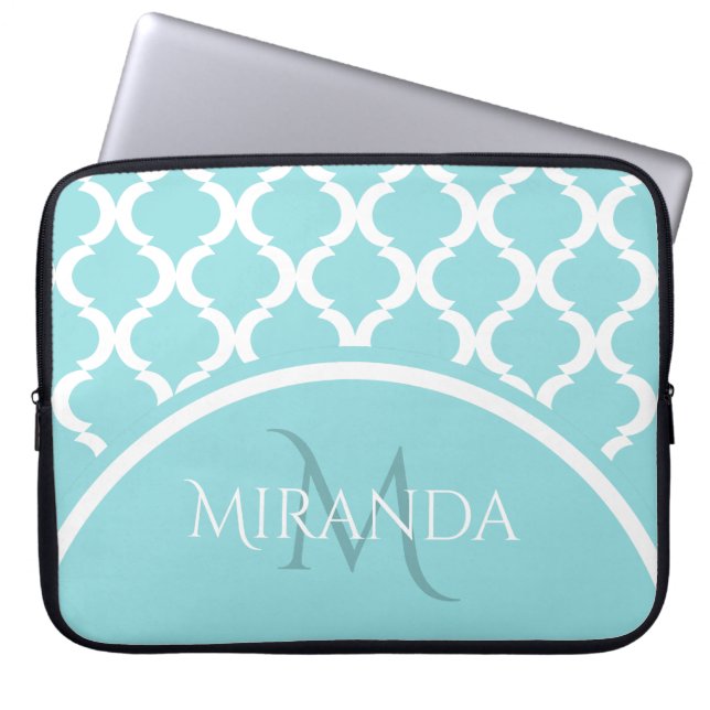 Trendy Large Aqua Quatrefoil Monongram and Name Laptop Sleeve (Front)