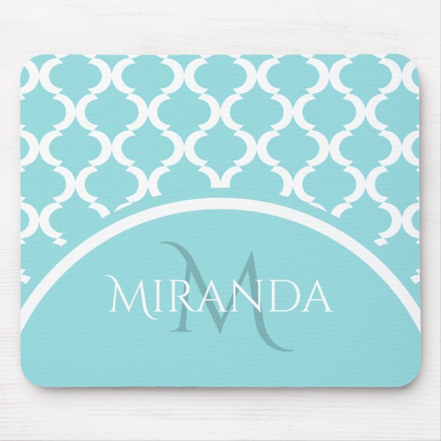 Trendy Large Aqua Quatrefoil Monongram and Name Mouse Mat (Front)