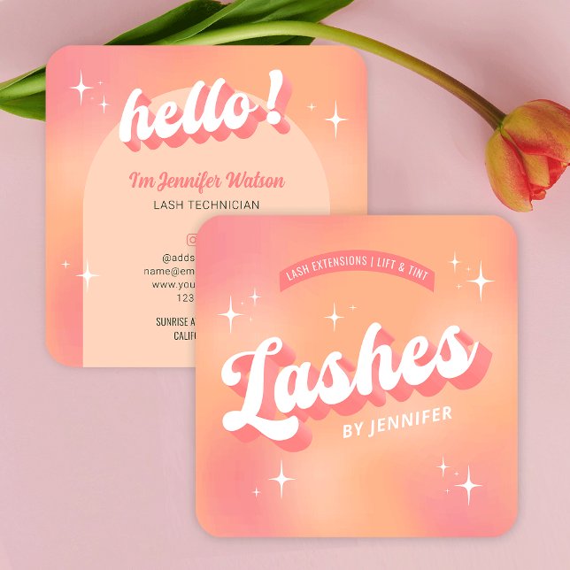 Trendy Lashes Groovy Retro Girly Lash Extensions Square Business Card (Lashes business cards in trendy retro style with pastel peach background and groovy fonts)