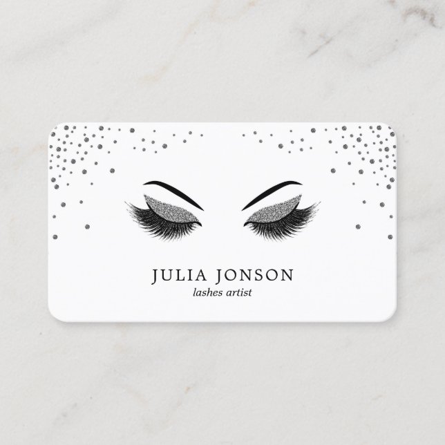 Trendy Lashes with Silver Glitter Makeup Artist Business Card (Front)
