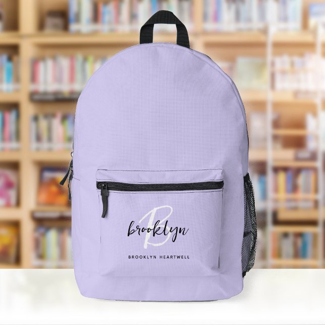 Trendy Lavender Black White Monogram Name Printed Backpack (Creator Uploaded)