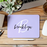 Trendy Lavender Black White Script Monogram  Mouse Mat<br><div class="desc">This elegant personalised mouse pad features a monogram and first name in modern black and white script on a trendy lavender background.</div>