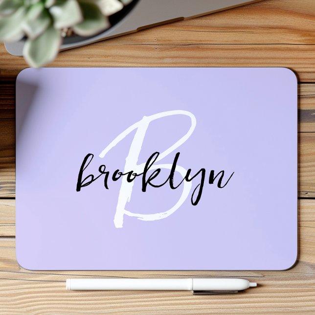 Trendy Lavender Black White Script Monogram  Mouse Mat (Creator Uploaded)