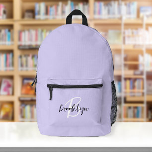 Trendy Lavender Black White Script Monogram Printed Backpack