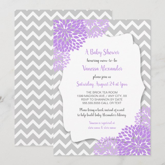 Trendy Lavender Grey Floral Baby Shower Invite (Front/Back)