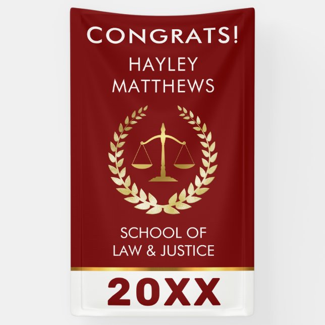 Trendy Law Student Graduation Gold & Burgundy Banner (Vertical)