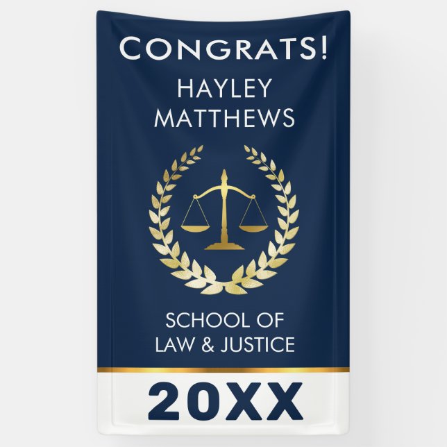 Trendy Law Student Graduation Gold & Navy Banner (Vertical)