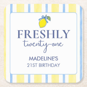 Trendy Lemon Aesthetic Freshly 21 Birthday Square Paper Coaster