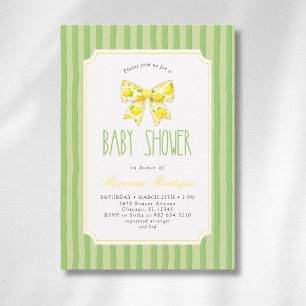 Trendy Lemon Bow Citrus Green Striped Baby Shower Invitation