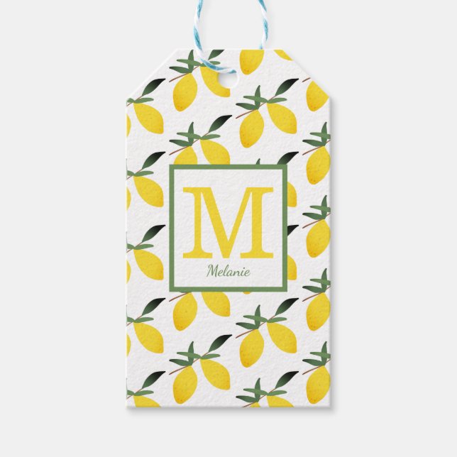 Trendy Lemon Monogram Name Gift Tags (Front)