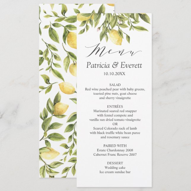 Trendy Lemons and Leaves Boho chic Wedding Invitation (Front/Back)
