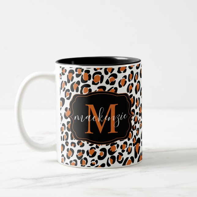 Trendy Leopard Animal Print Pattern Monogram Name Two-Tone Coffee Mug (Left)