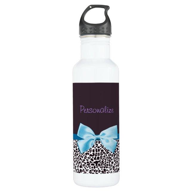 Trendy Leopard Print and Blue Ribbon With Name 710 Ml Water Bottle (Front)