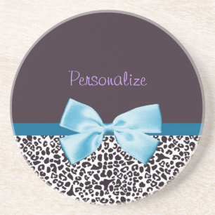 Trendy Leopard Print and Blue Ribbon With Name Coaster