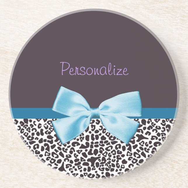Trendy Leopard Print and Blue Ribbon With Name Coaster (Front)