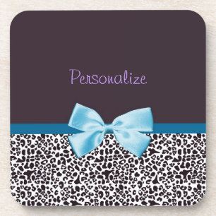 Trendy Leopard Print and Blue Ribbon With Name Coaster