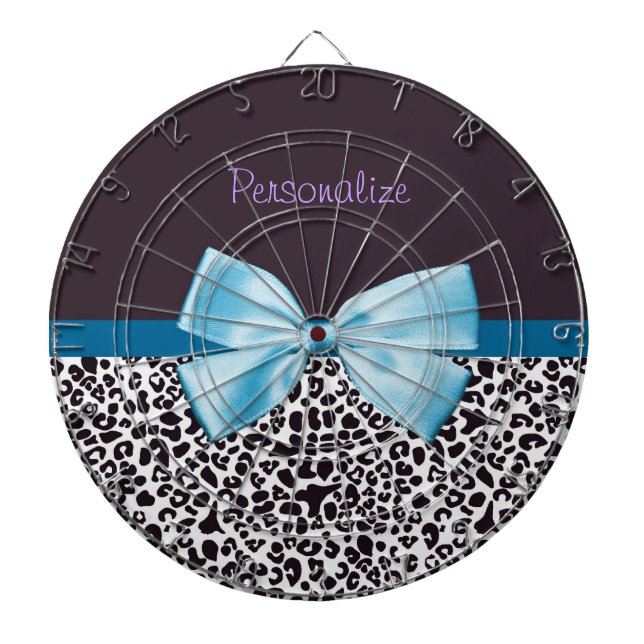 Trendy Leopard Print and Blue Ribbon With Name Dartboard (Front)