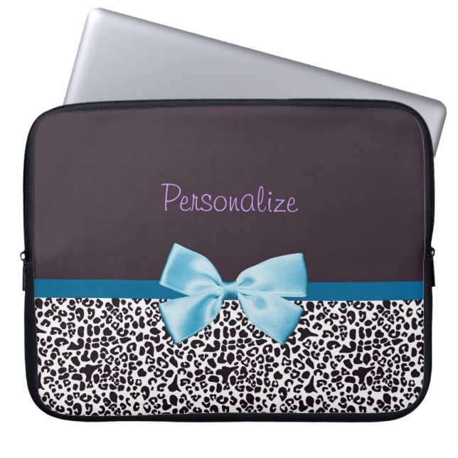 Trendy Leopard Print and Blue Ribbon With Name Laptop Sleeve (Front)