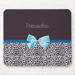 Trendy Leopard Print and Blue Ribbon With Name Mouse Mat