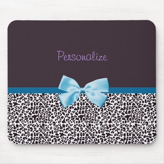 Trendy Leopard Print and Blue Ribbon With Name Mouse Mat (Front)