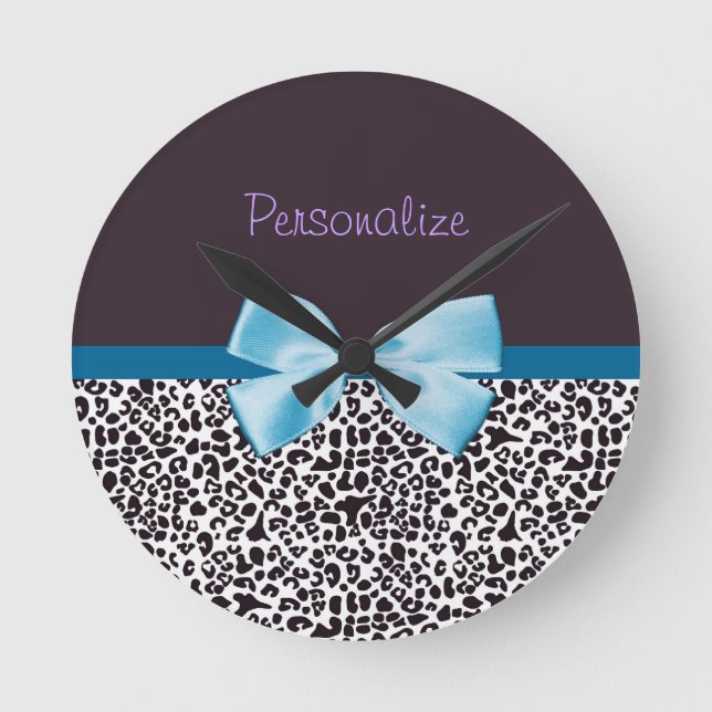 Trendy Leopard Print and Blue Ribbon With Name Round Clock (Front)