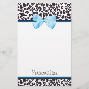 Trendy Leopard Print and Blue Ribbon With Name Stationery