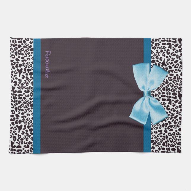 Trendy Leopard Print and Blue Ribbon With Name Tea Towel (Horizontal)