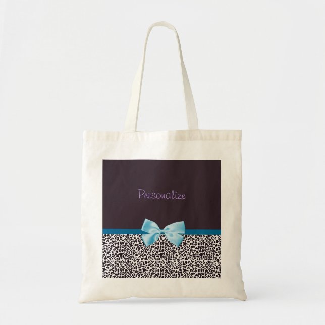 Trendy Leopard Print and Blue Ribbon With Name Tote Bag (Front)