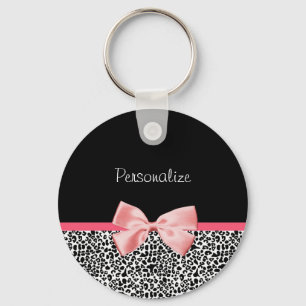 Trendy Leopard Print and Pink Ribbon With Name Key Ring
