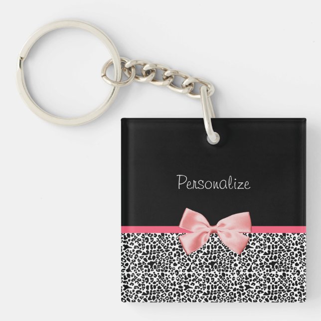 Trendy Leopard Print and Pink Ribbon With Name Key Ring (Front)