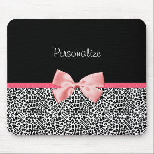 Trendy Leopard Print and Pink Ribbon With Name Mouse Mat