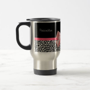 Trendy Leopard Print and Pink Ribbon With Name Travel Mug