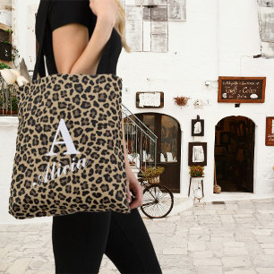 Trendy Leopard Print Custom Monogram & Name Tote Bag