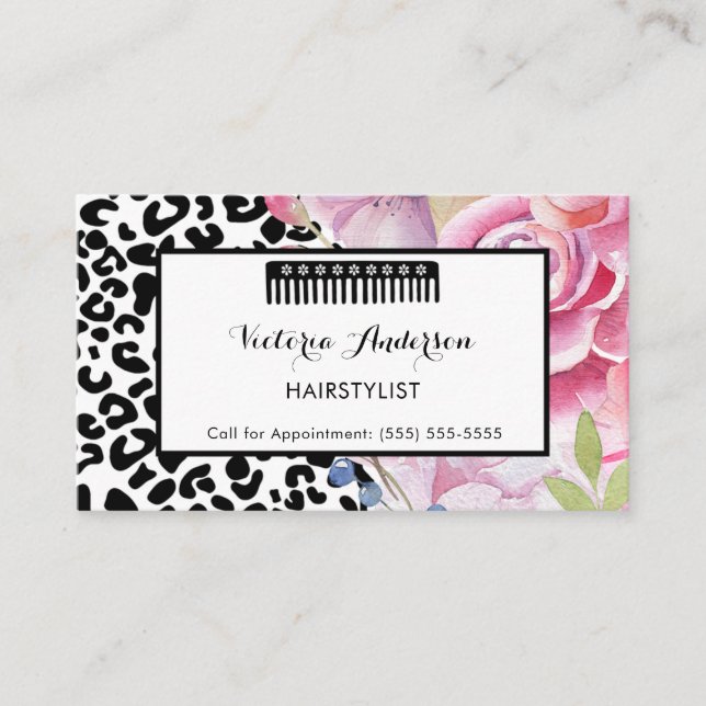 Trendy Leopard Print Floral Hairstylist With Comb Business Card (Front)