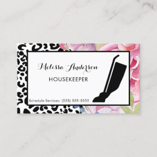 Trendy Leopard Print Floral Housekeeper and Vacuum Business Card