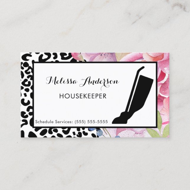 Trendy Leopard Print Floral Housekeeper and Vacuum Business Card (Front)
