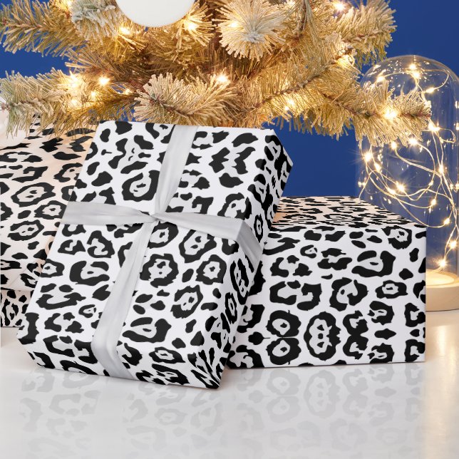 Trendy leopard print pattern black grey white chic wrapping paper (Holidays)
