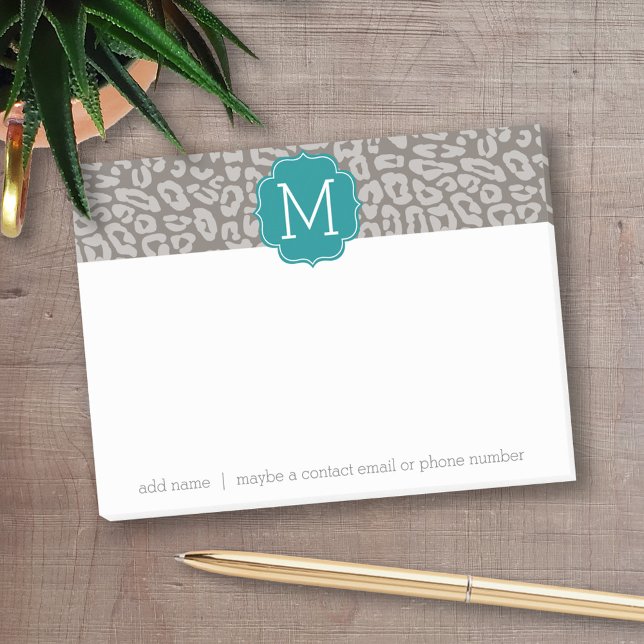 Trendy Leopard Print Pattern with Aqua Monogram Post-it Notes (Personalized post-it notes with an area to add your name or other text)
