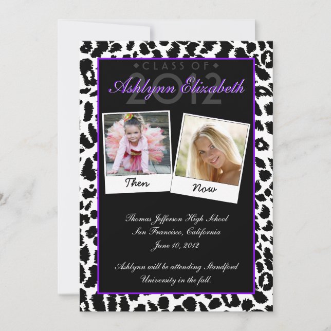 Trendy Leopard Then and Now Graduation Invitation (Front)