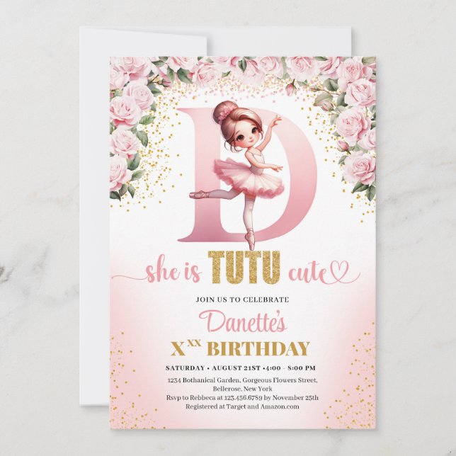 Trendy letter D monogram ballerina girl birthday Invitation (Front)