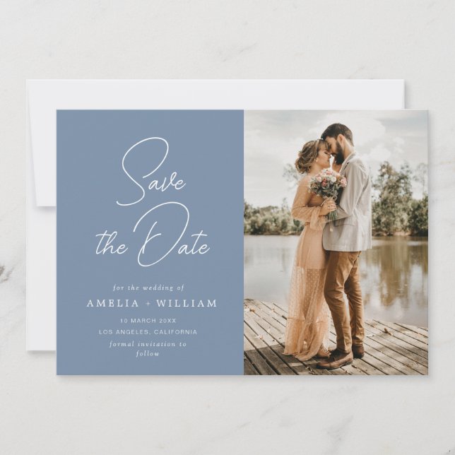 trendy lettering dusty blue wedding Save the Date (Front)