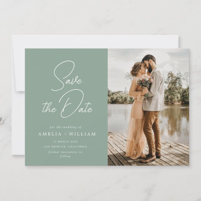 trendy lettering wedding sage green Save the Date (Front)