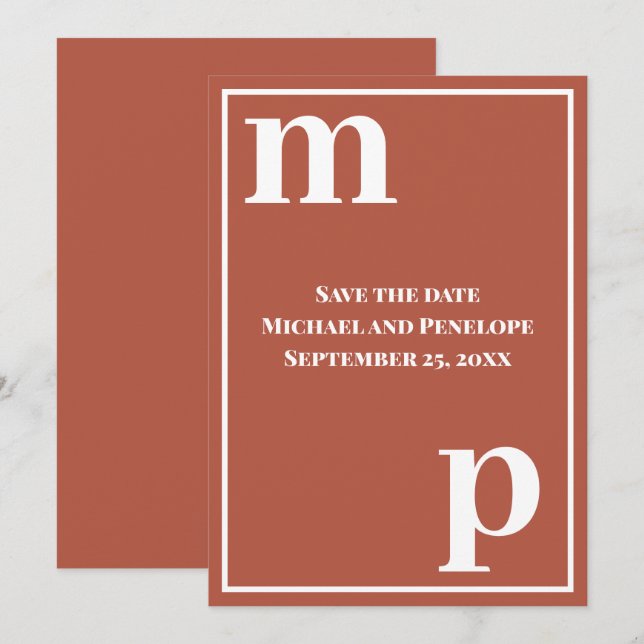 Trendy Letters Monogram Terracotta Save the Date  Invitation (Front/Back)