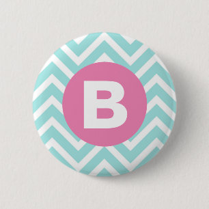Trendy Light Blue Chevron Pink Monogram 6 Cm Round Badge