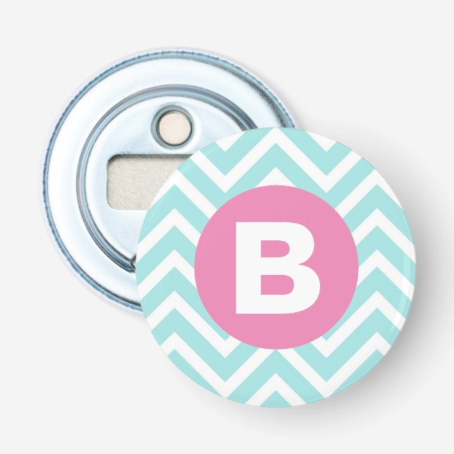 Trendy Light Blue Chevron Pink Monogram Bottle Opener (Front)