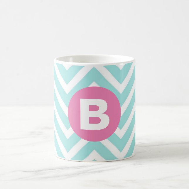 Trendy Light Blue Chevron Pink Monogram Coffee Mug (Center)
